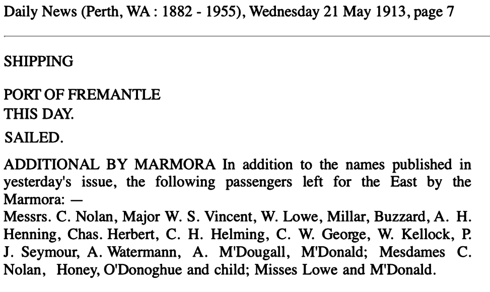 W. S. Vincent and Millar leave Fremantle for the East
